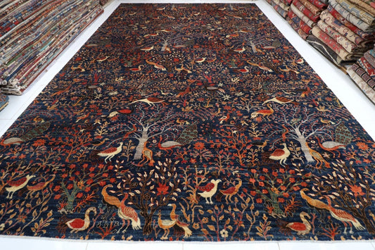 354 x 539 cm | Birds Navy Blue Handmade Large Size Afghan Area Rug Hand Knotted Carpet Living Room Rug