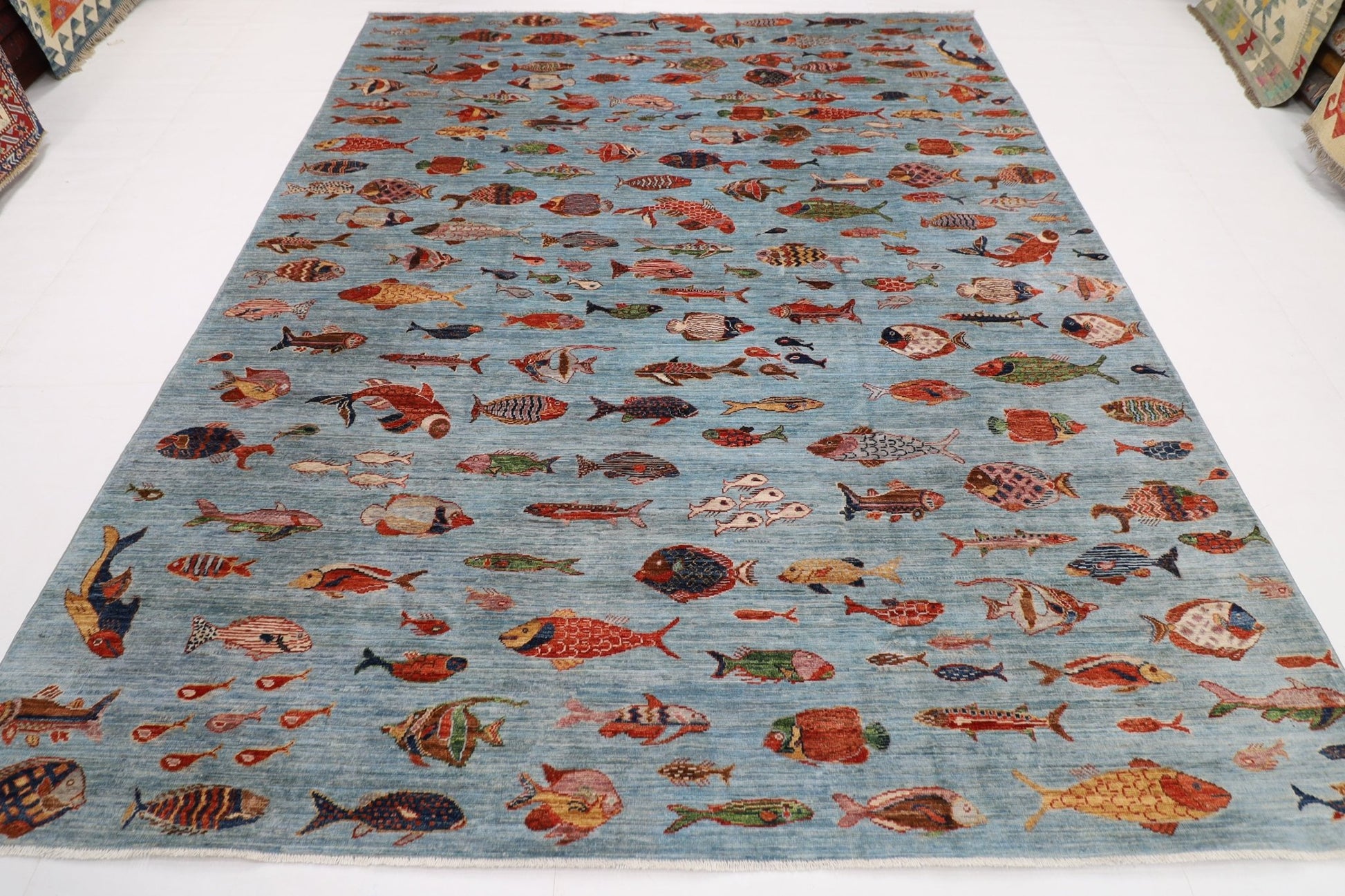 244 x 308 cm | Fish Blue Area Rug Afghan Hand Knotted veg Dye Wool carpet - ART WOOL CARPET
