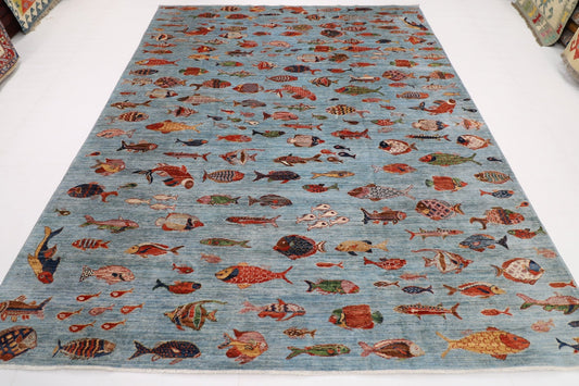 244 x 308 cm | Fish Blue Area Rug Afghan Hand Knotted veg Dye Wool carpet - ART WOOL CARPET