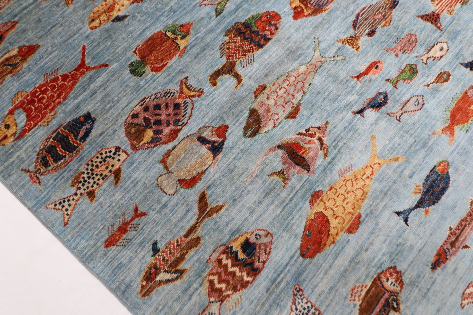 244 x 308 cm | Fish Blue Area Rug Afghan Hand Knotted veg Dye Wool carpet - ART WOOL CARPET
