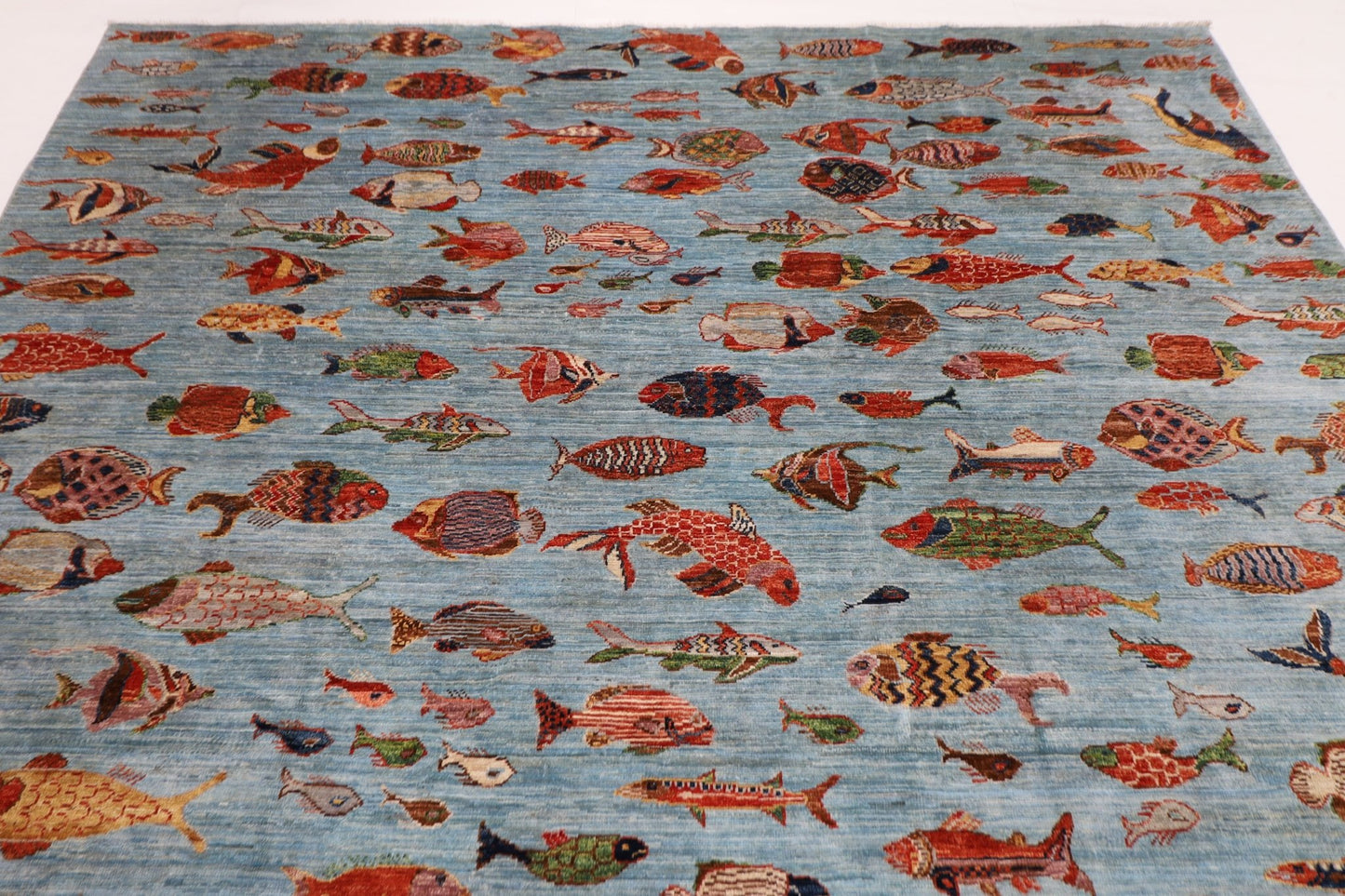244 x 308 cm | Fish Blue Area Rug Afghan Hand Knotted veg Dye Wool carpet - ART WOOL CARPET