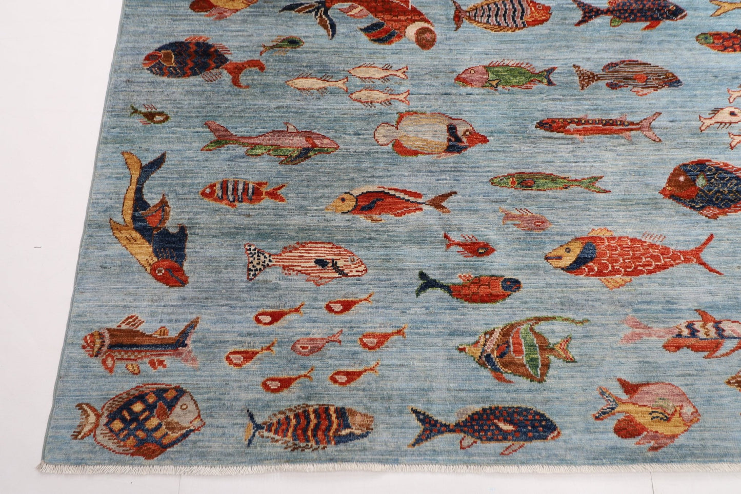 244 x 308 cm | Fish Blue Area Rug Afghan Hand Knotted veg Dye Wool carpet - ART WOOL CARPET