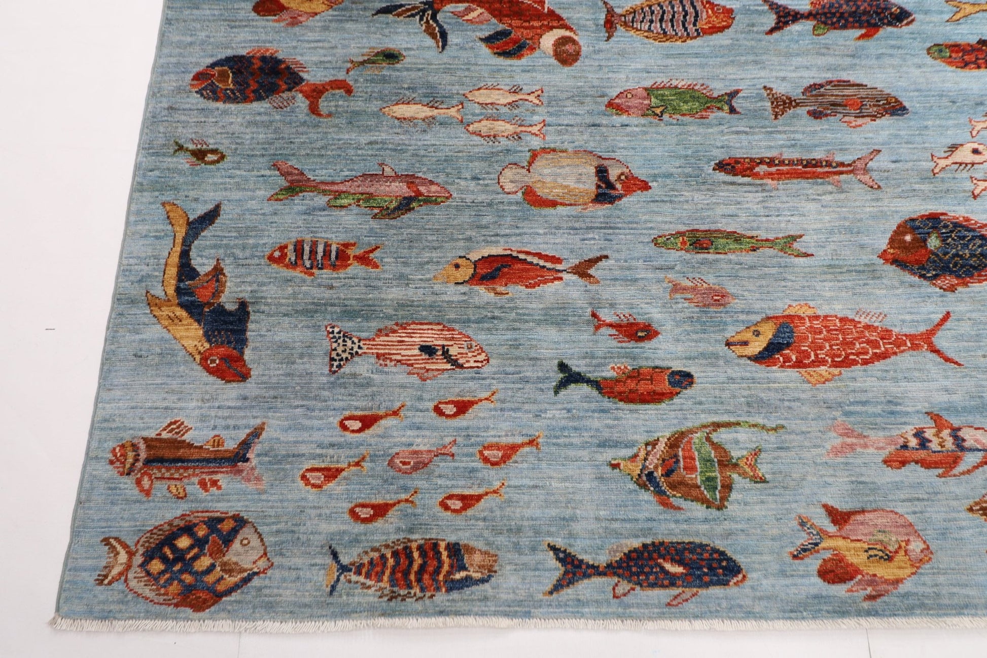 244 x 308 cm | Fish Blue Area Rug Afghan Hand Knotted veg Dye Wool carpet - ART WOOL CARPET