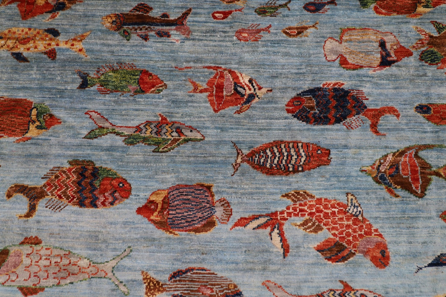 244 x 308 cm | Fish Blue Area Rug Afghan Hand Knotted veg Dye Wool carpet - ART WOOL CARPET