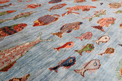 244 x 308 cm | Fish Blue Area Rug Afghan Hand Knotted veg Dye Wool carpet - ART WOOL CARPET