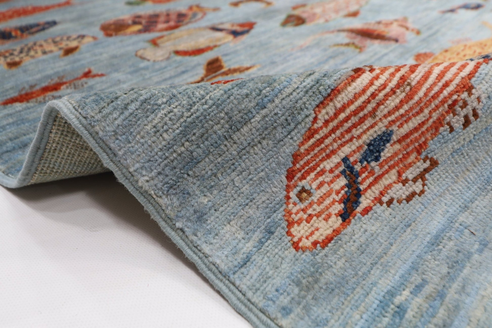244 x 308 cm | Fish Blue Area Rug Afghan Hand Knotted veg Dye Wool carpet - ART WOOL CARPET