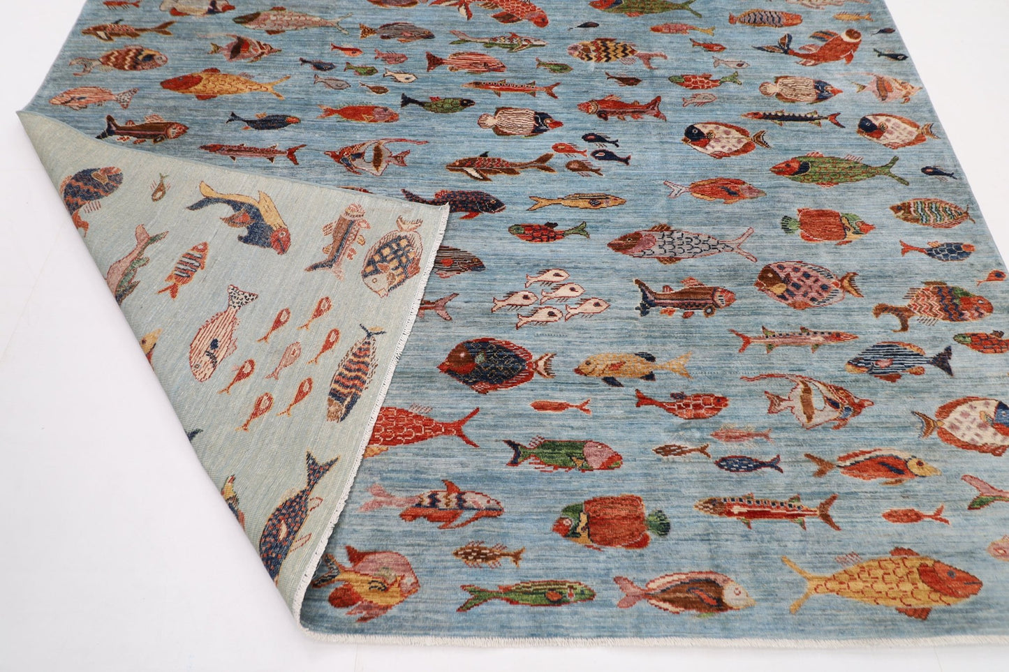244 x 308 cm | Fish Blue Area Rug Afghan Hand Knotted veg Dye Wool carpet - ART WOOL CARPET