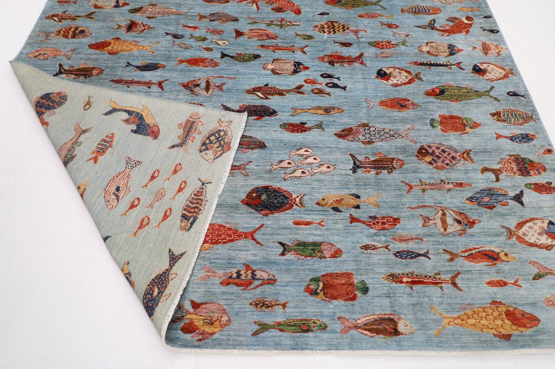 244 x 308 cm | Fish Blue Area Rug Afghan Hand Knotted veg Dye Wool carpet - ART WOOL CARPET
