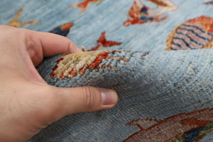 244 x 308 cm | Fish Blue Area Rug Afghan Hand Knotted veg Dye Wool carpet - ART WOOL CARPET