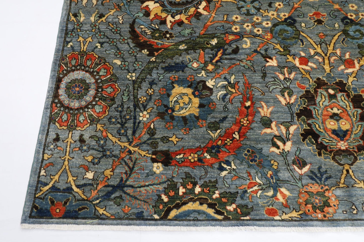 246 x 297 cm | Foral Blue Oriental Area Rug Afghan Hand Knotted Veg Dye Wool carpet - ART WOOL CARPET