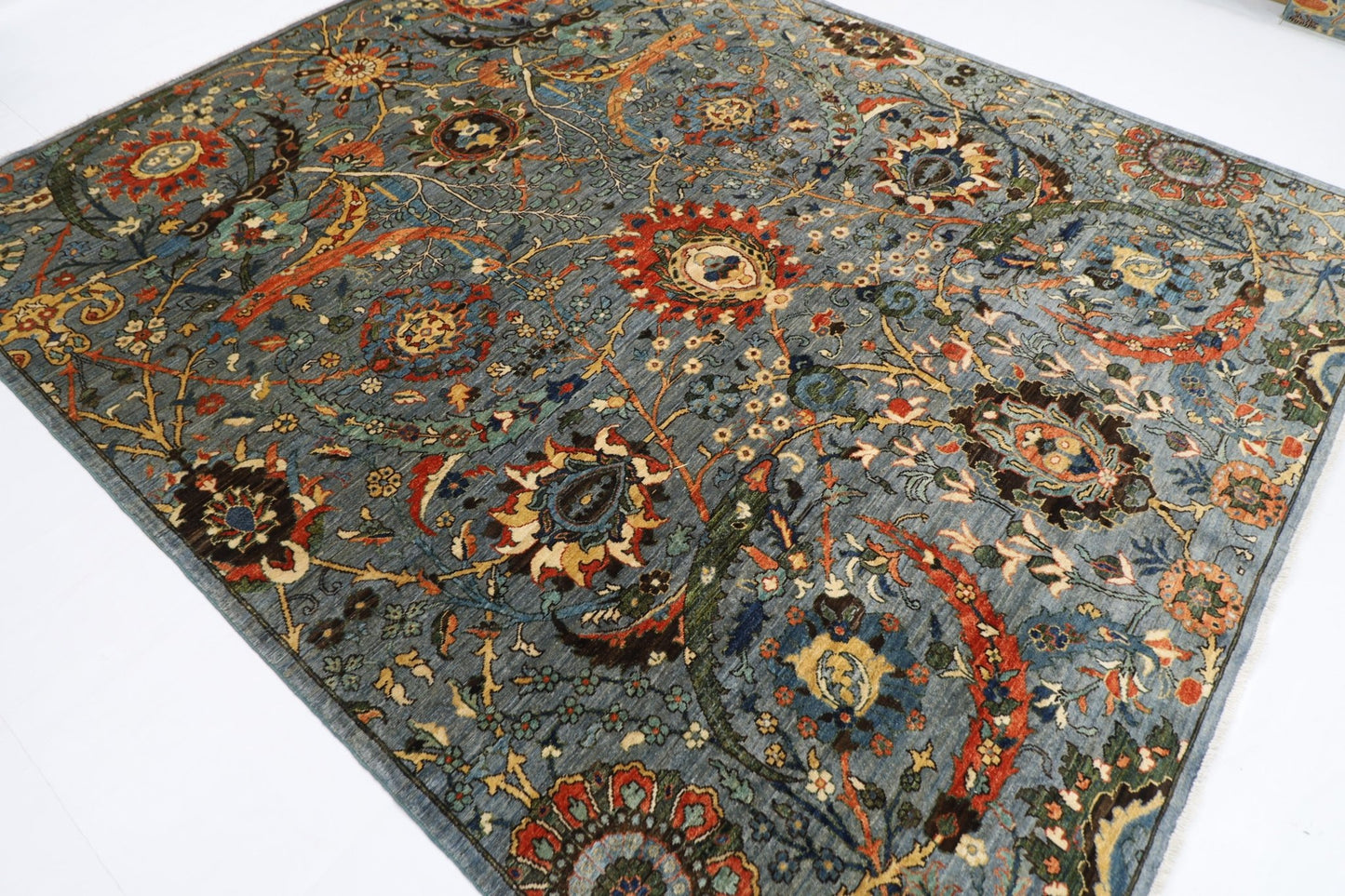 246 x 297 cm | Foral Blue Oriental Area Rug Afghan Hand Knotted Veg Dye Wool carpet - ART WOOL CARPET