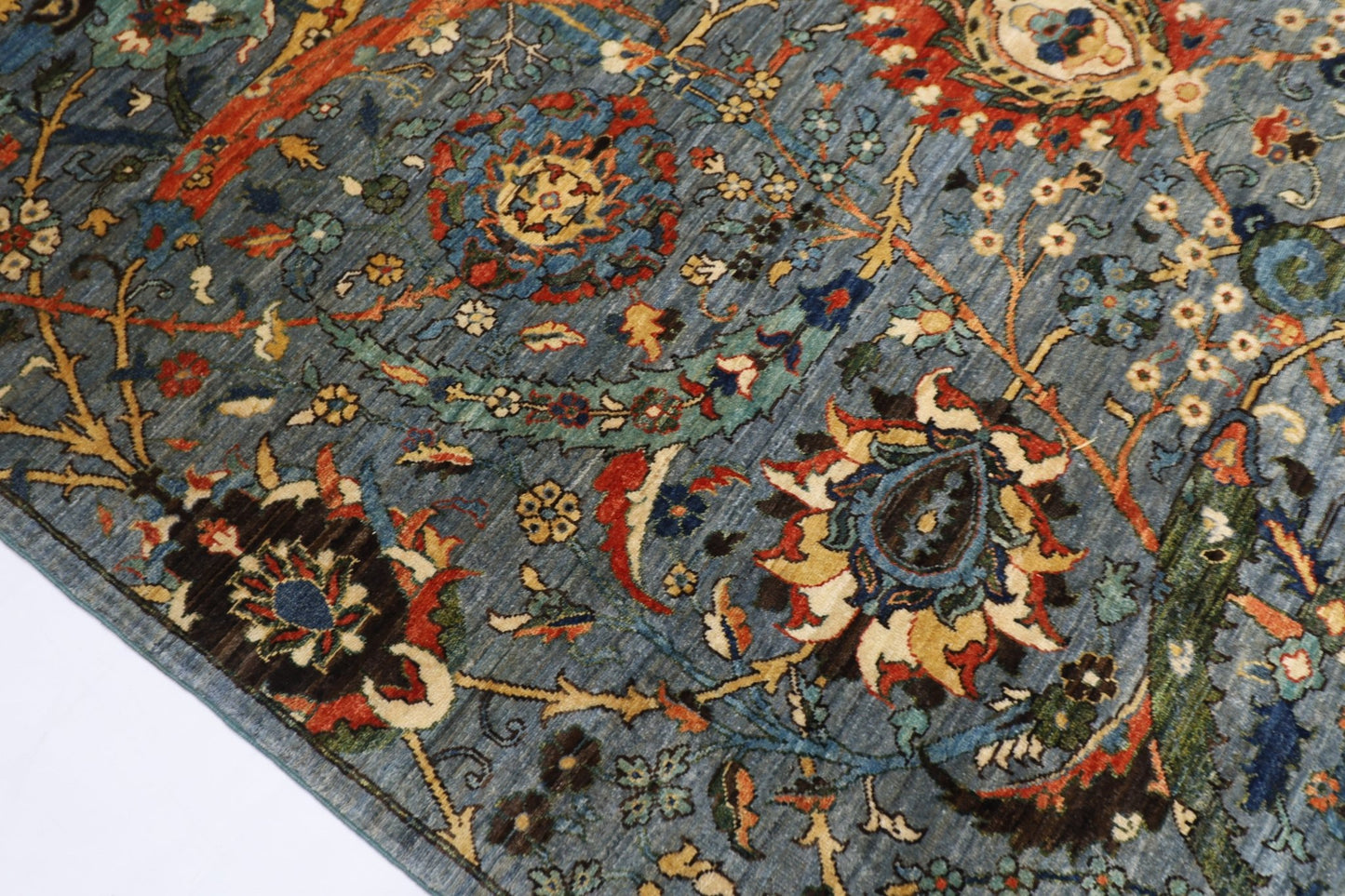 246 x 297 cm | Foral Blue Oriental Area Rug Afghan Hand Knotted Veg Dye Wool carpet - ART WOOL CARPET