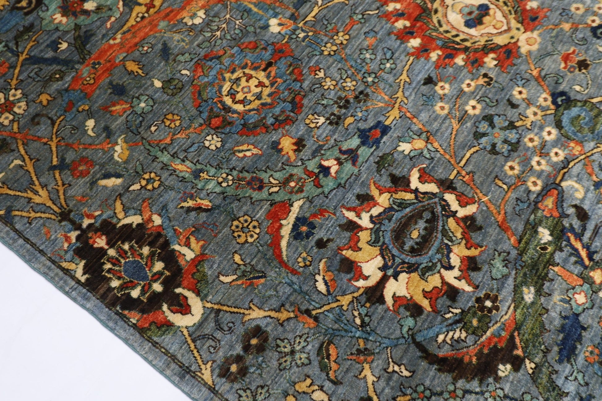 246 x 297 cm | Foral Blue Oriental Area Rug Afghan Hand Knotted Veg Dye Wool carpet - ART WOOL CARPET