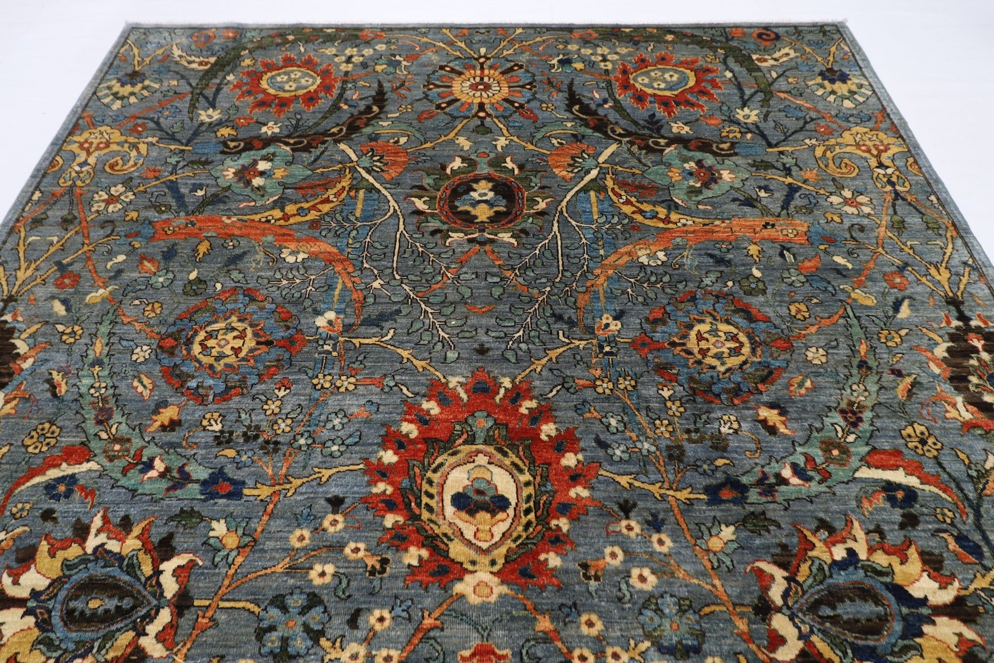246 x 297 cm | Foral Blue Oriental Area Rug Afghan Hand Knotted Veg Dye Wool carpet - ART WOOL CARPET