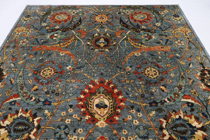 246 x 297 cm | Foral Blue Oriental Area Rug Afghan Hand Knotted Veg Dye Wool carpet - ART WOOL CARPET