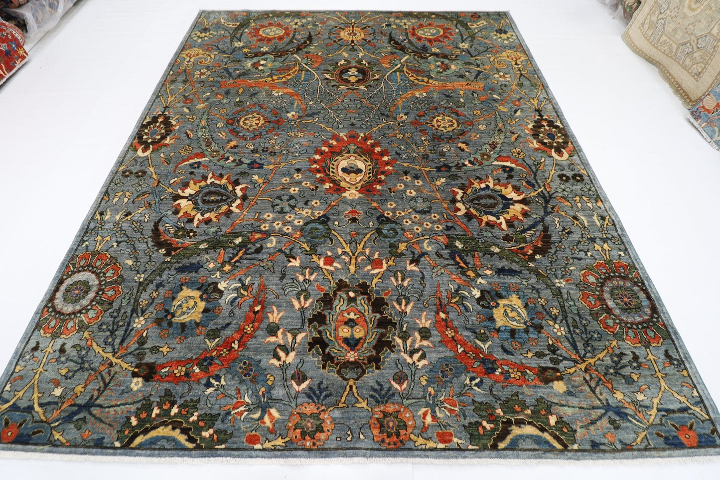 246 x 297 cm | Foral Blue Oriental Area Rug Afghan Hand Knotted Veg Dye Wool carpet - ART WOOL CARPET