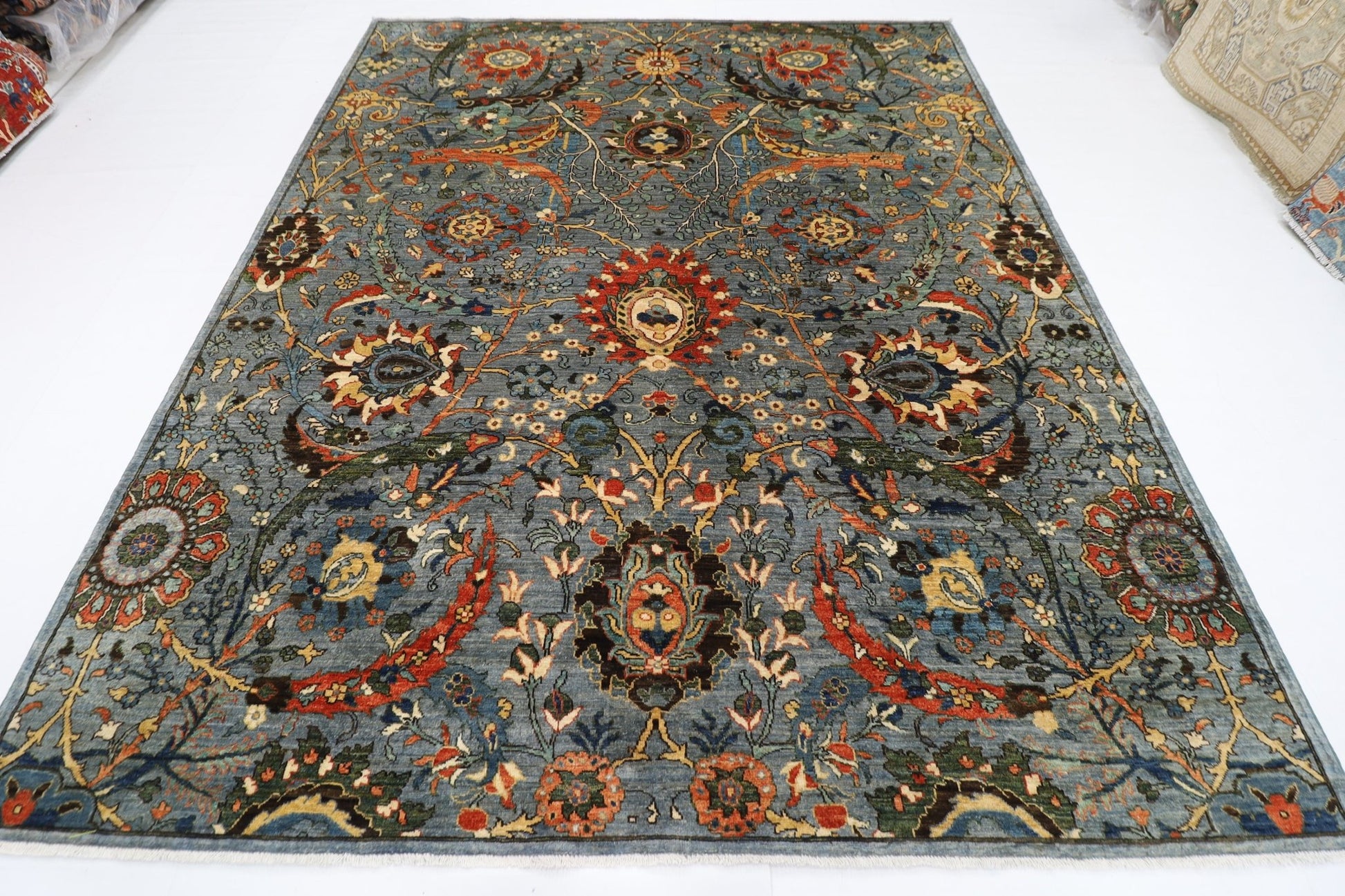 246 x 297 cm | Foral Blue Oriental Area Rug Afghan Hand Knotted Veg Dye Wool carpet - ART WOOL CARPET