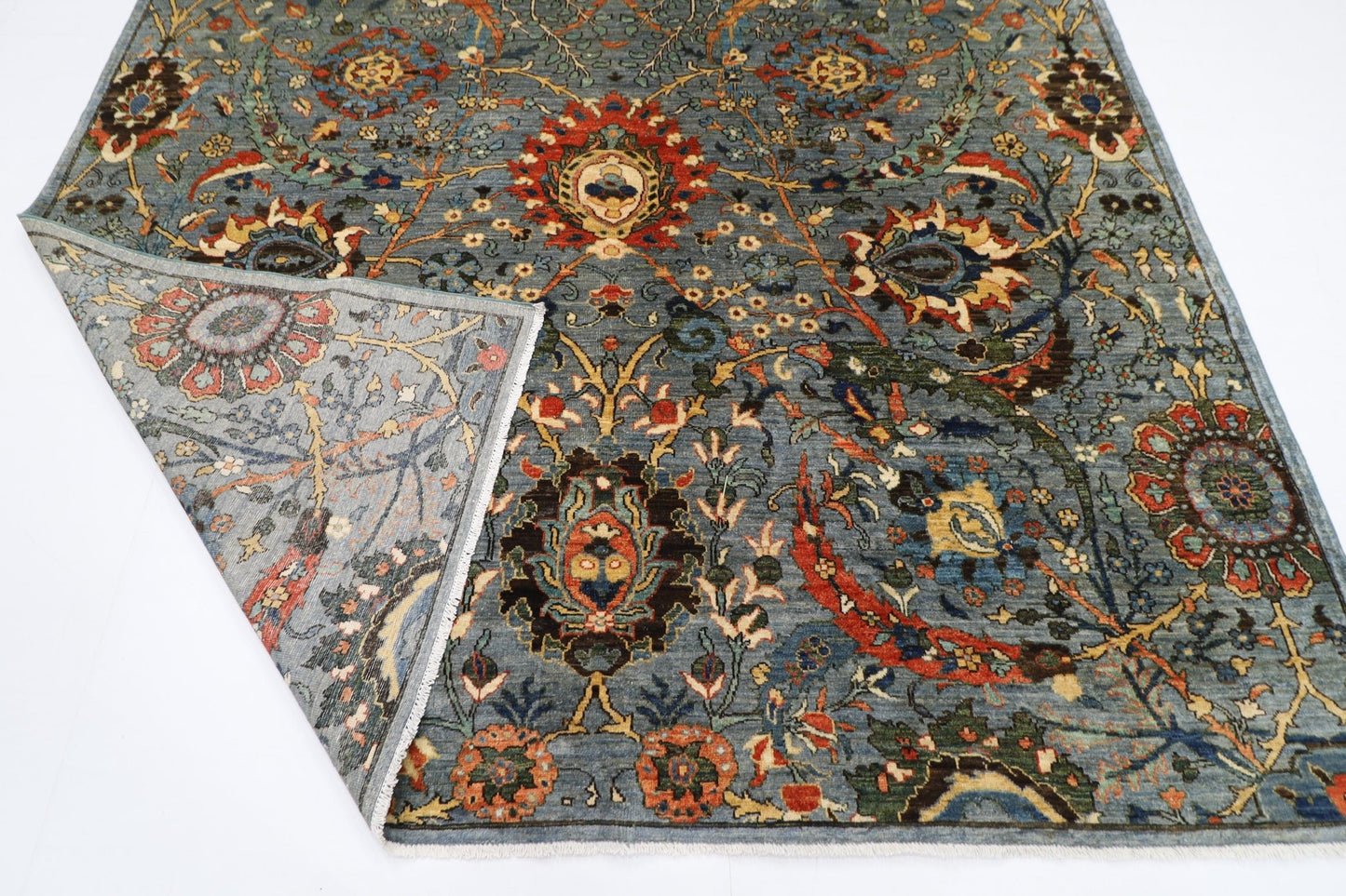 246 x 297 cm | Foral Blue Oriental Area Rug Afghan Hand Knotted Veg Dye Wool carpet - ART WOOL CARPET