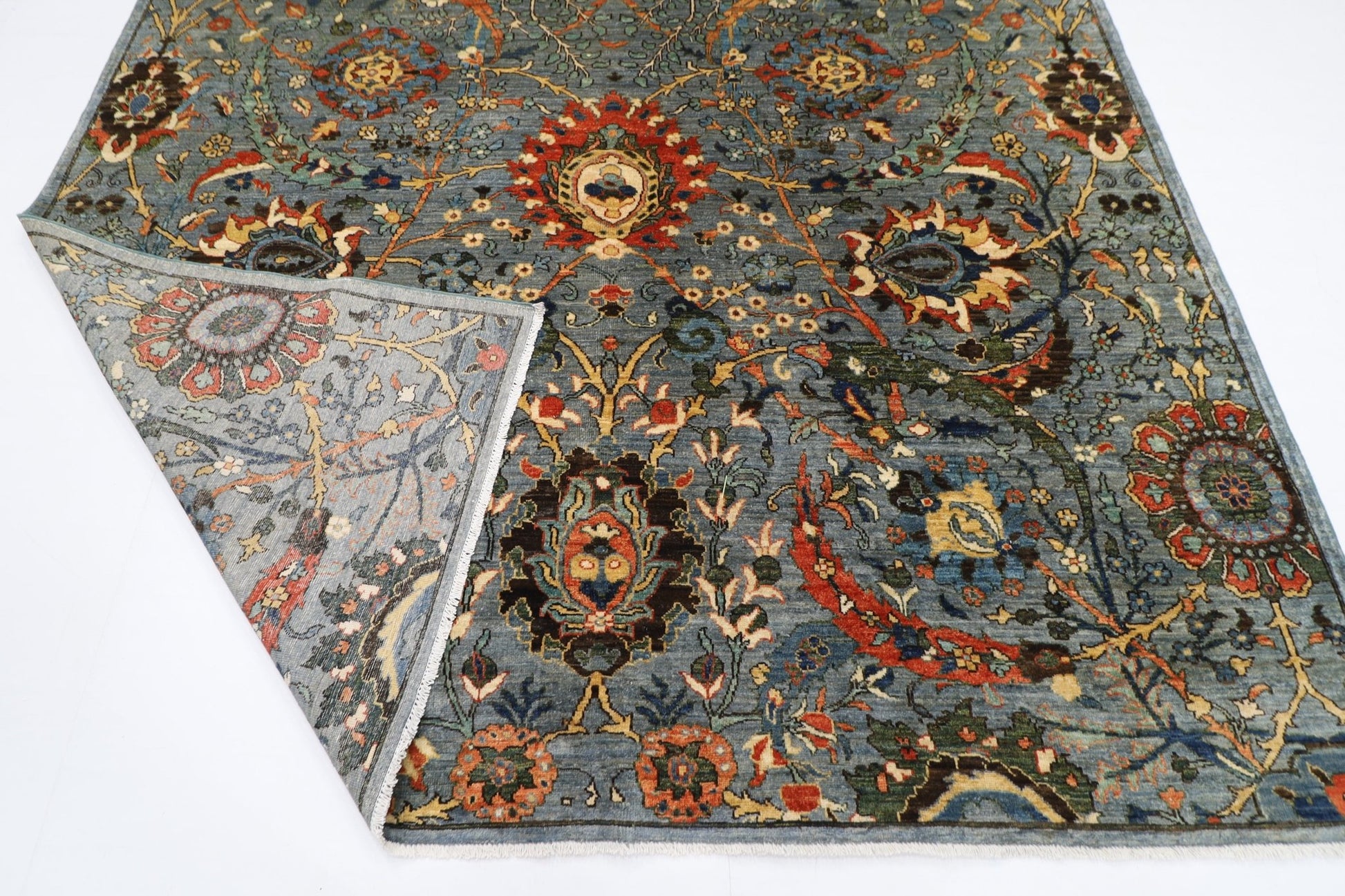246 x 297 cm | Foral Blue Oriental Area Rug Afghan Hand Knotted Veg Dye Wool carpet - ART WOOL CARPET