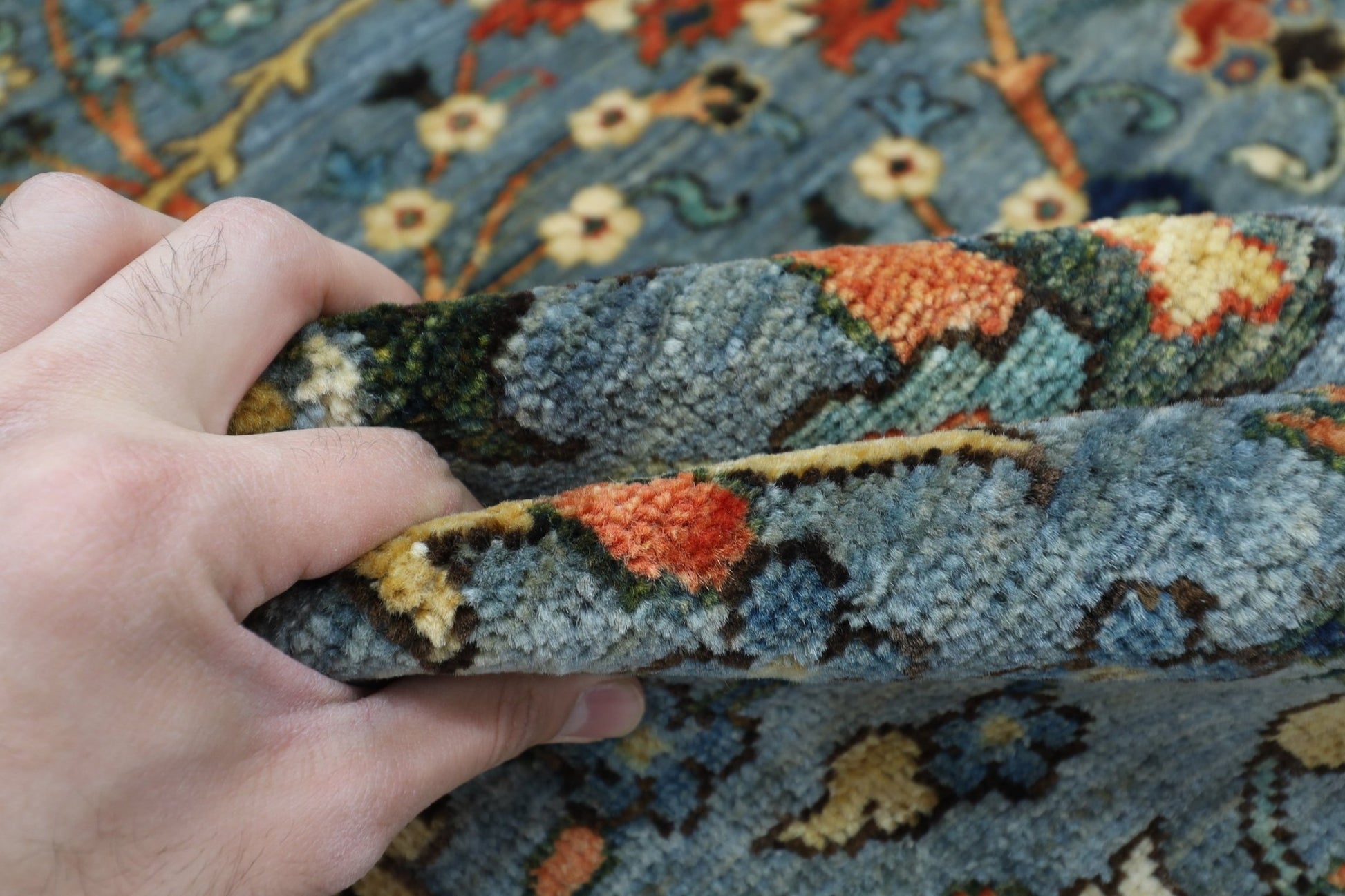 246 x 297 cm | Foral Blue Oriental Area Rug Afghan Hand Knotted Veg Dye Wool carpet - ART WOOL CARPET