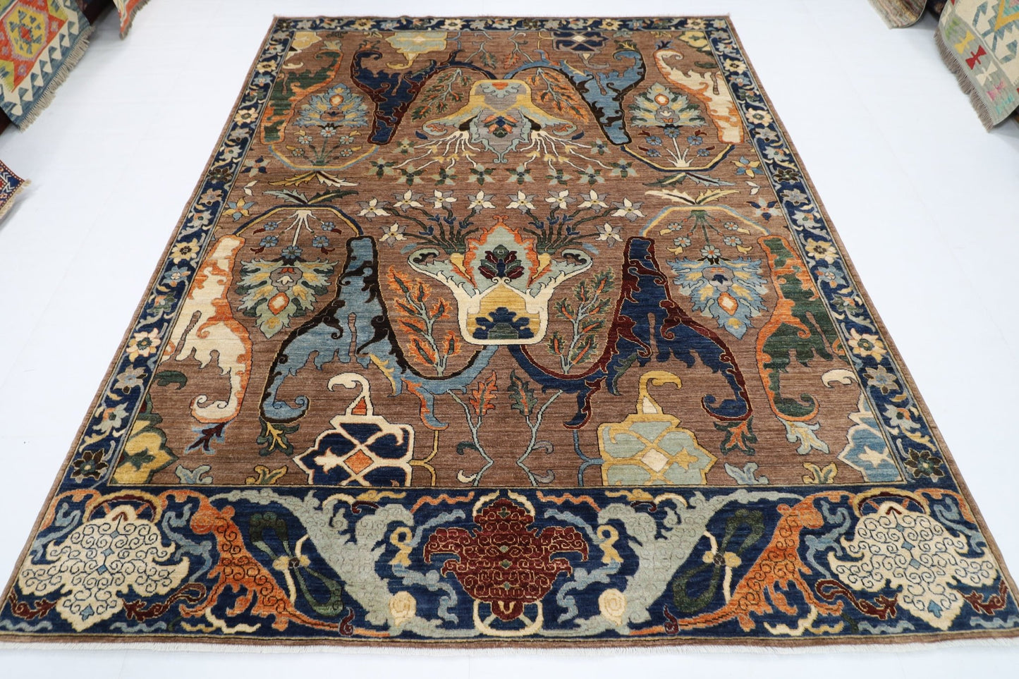 247 x 301 cm | Traditional Brown Area Rug Afghan Hand Knotted veg Dye Wool carpet - ART WOOL CARPET
