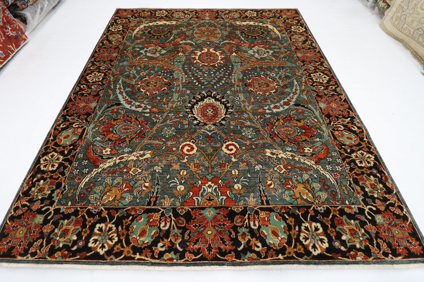 249 x 298 cm | Oriental Green Area Rug Afghan Hand Knotted Veg Dye Wool carpet - ART WOOL CARPET
