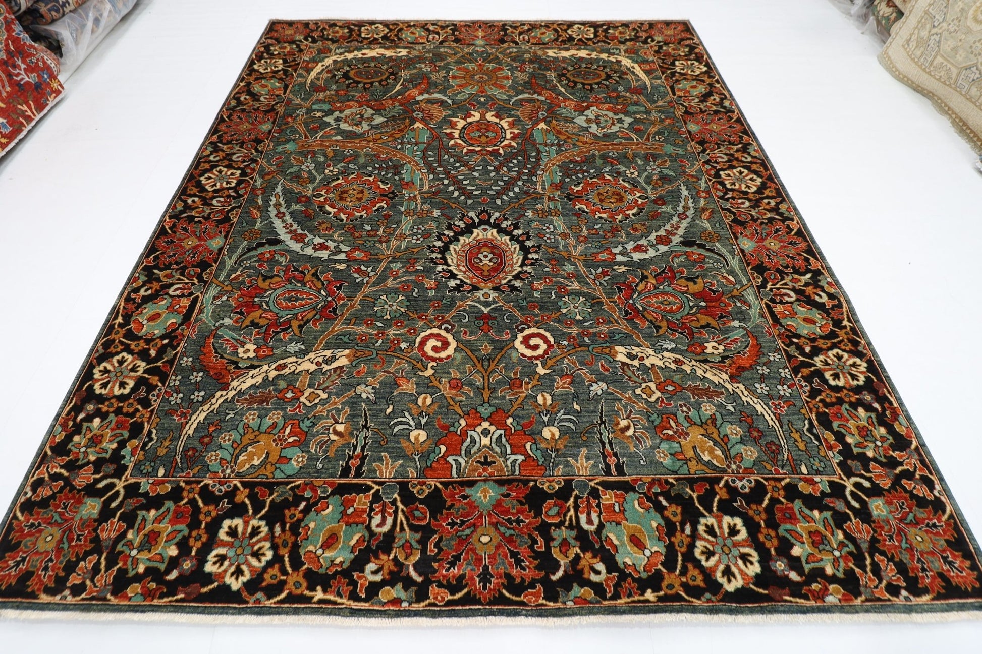 249 x 298 cm | Oriental Green Area Rug Afghan Hand Knotted Veg Dye Wool carpet - ART WOOL CARPET