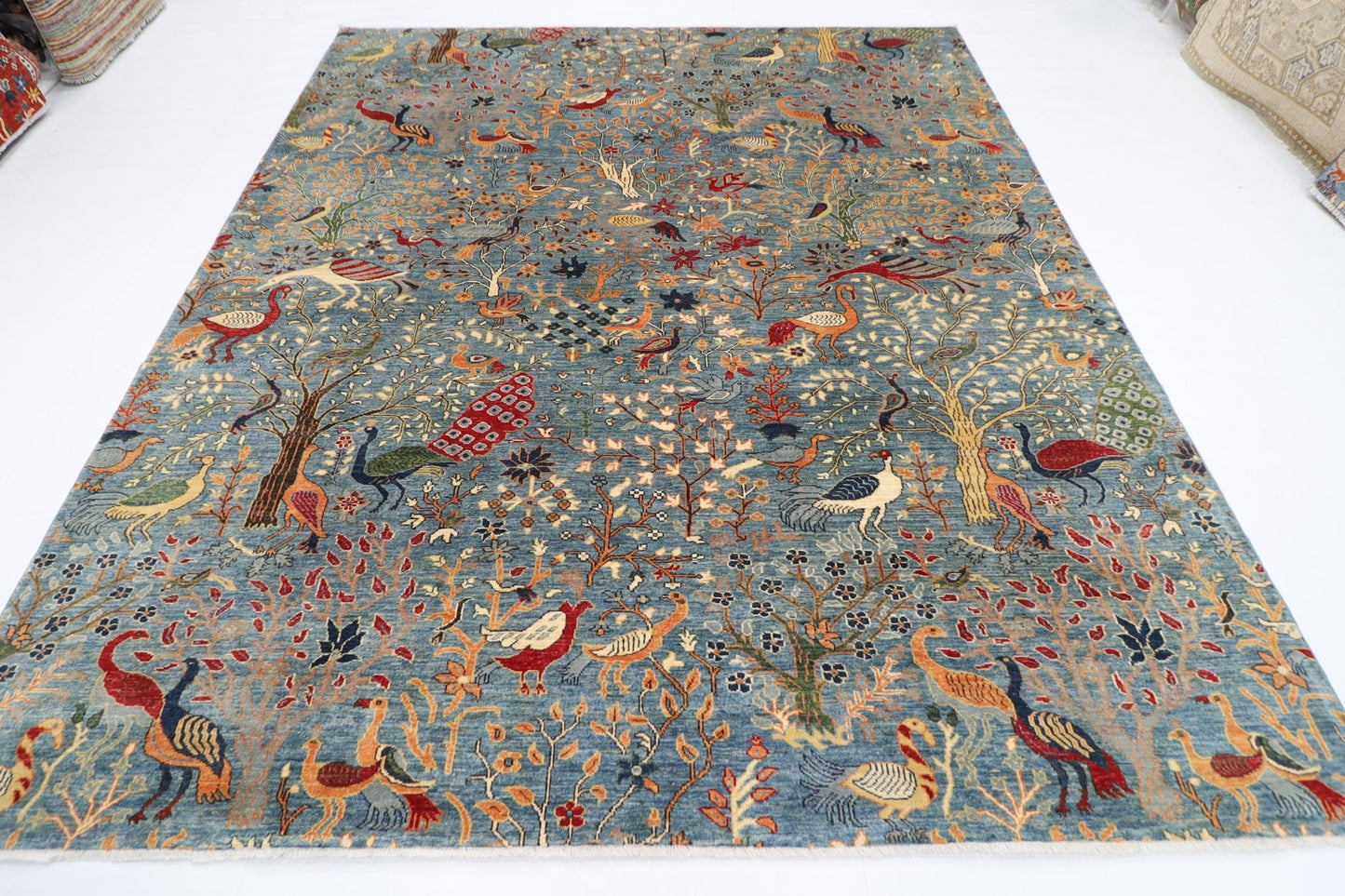 252 x 293 cm | Oriental Birds Blue Area Rug Afghan Hand Knotted Veg Dye Wool carpet - ART WOOL CARPET