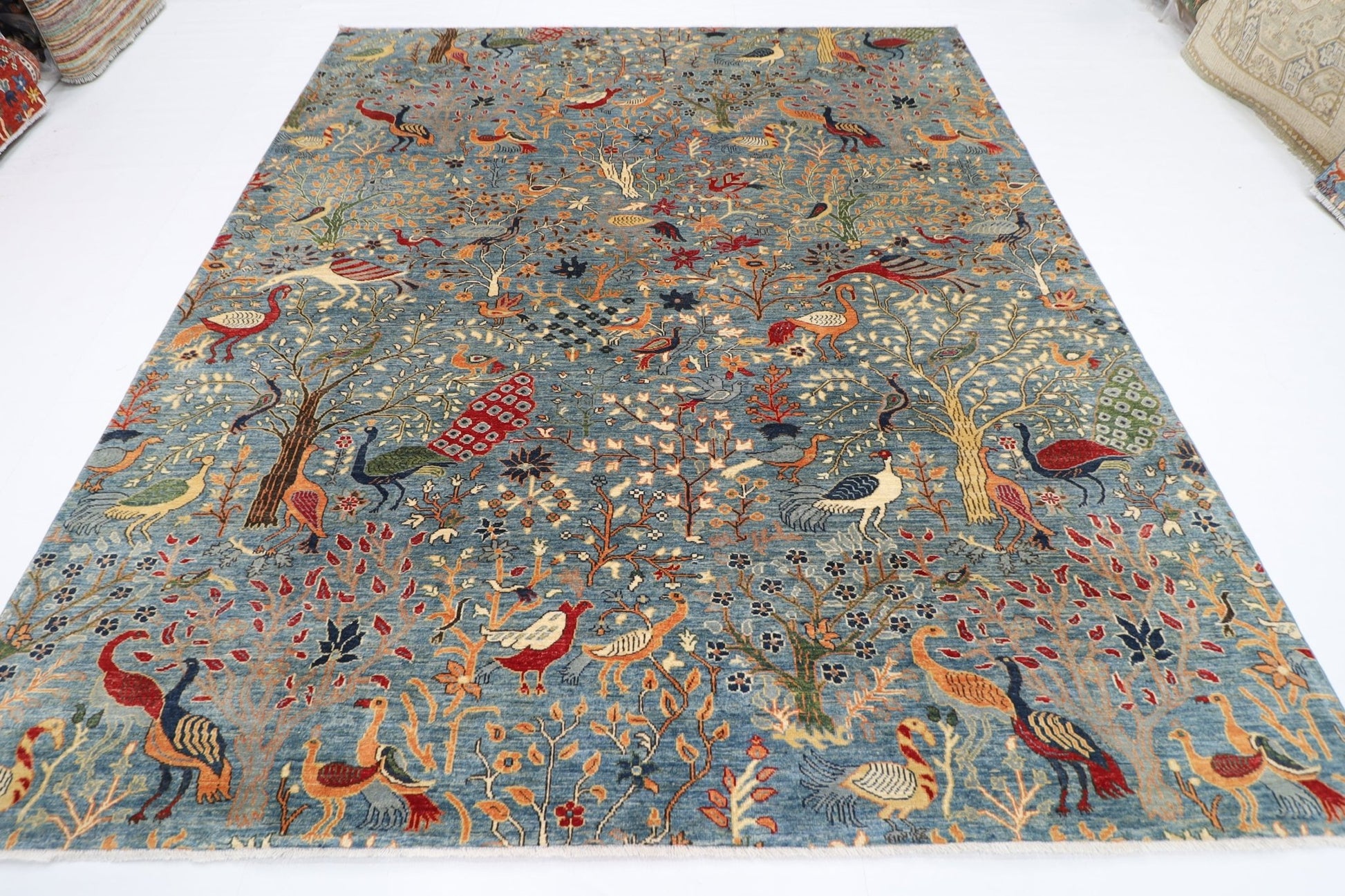 252 x 293 cm | Oriental Birds Blue Area Rug Afghan Hand Knotted Veg Dye Wool carpet - ART WOOL CARPET