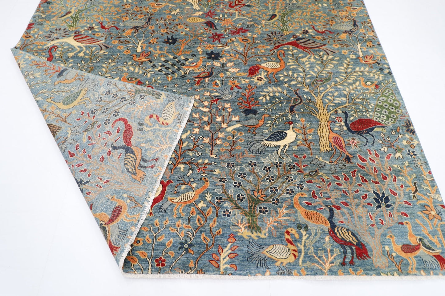 252 x 293 cm | Oriental Birds Blue Area Rug Afghan Hand Knotted Veg Dye Wool carpet - ART WOOL CARPET