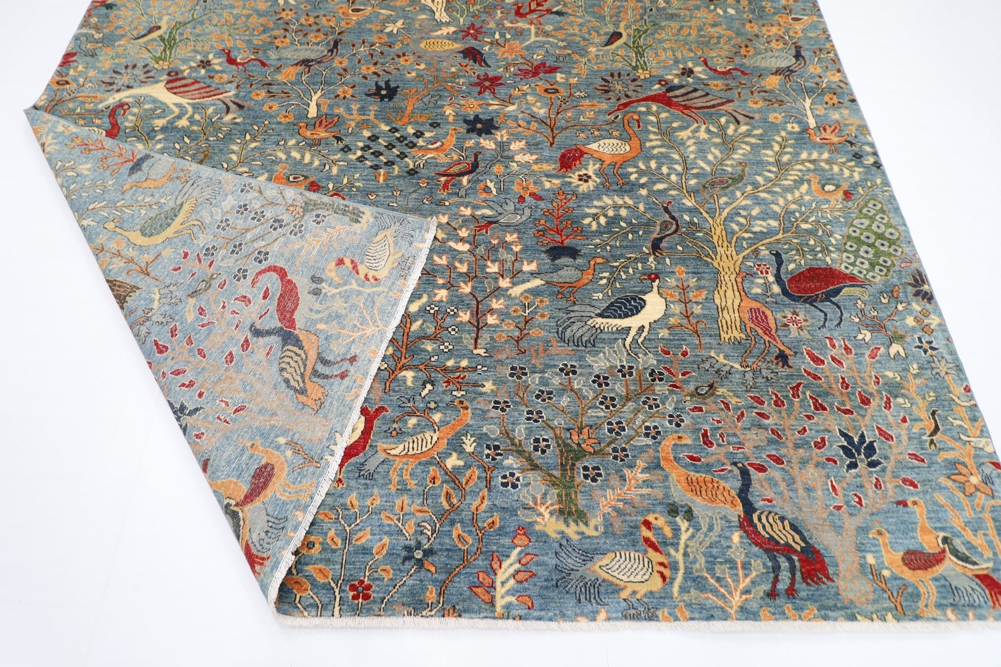 252 x 293 cm | Oriental Birds Blue Area Rug Afghan Hand Knotted Veg Dye Wool carpet - ART WOOL CARPET