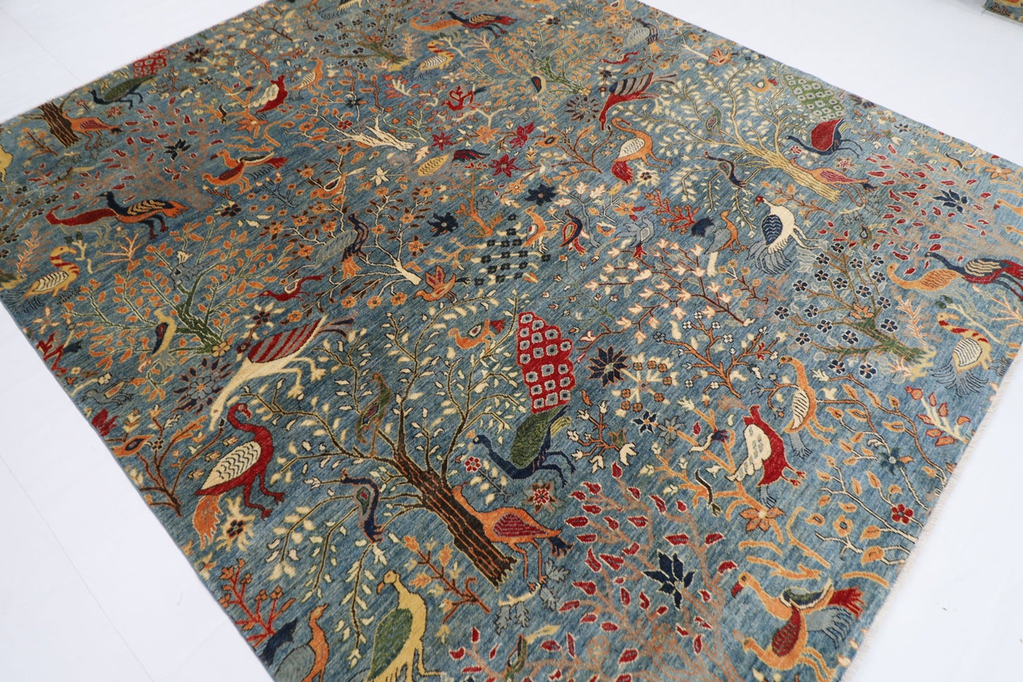 252 x 293 cm | Oriental Birds Blue Area Rug Afghan Hand Knotted Veg Dye Wool carpet - ART WOOL CARPET