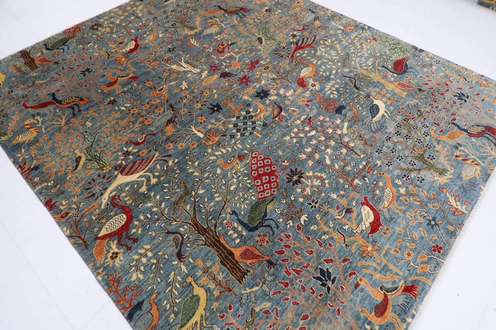252 x 293 cm | Oriental Birds Blue Area Rug Afghan Hand Knotted Veg Dye Wool carpet - ART WOOL CARPET