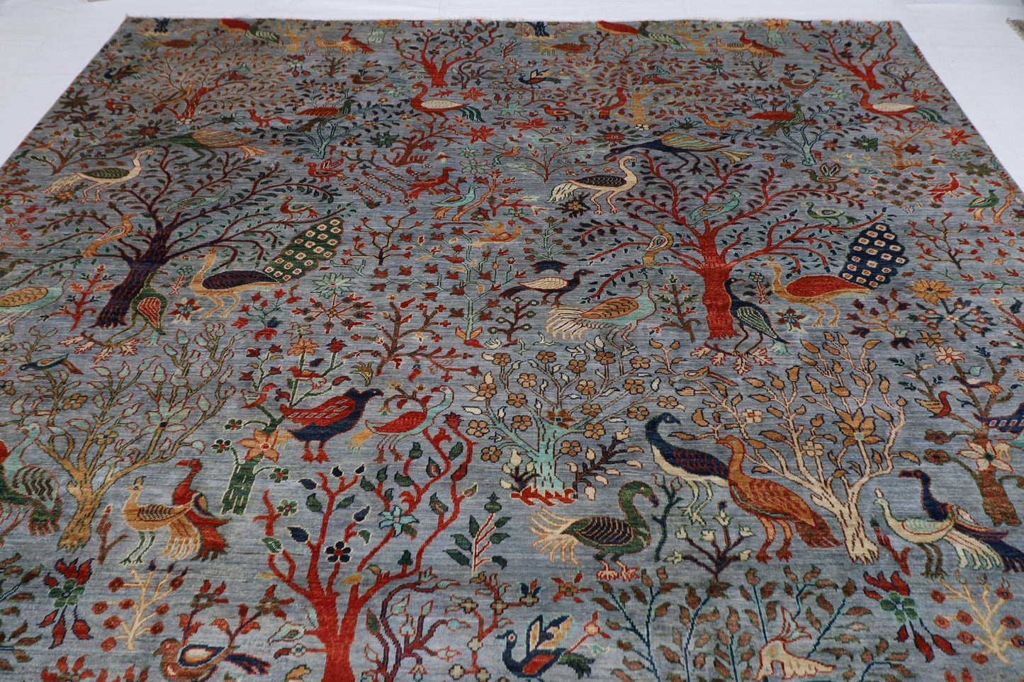307 x 420 cm | Birds Gray Large Area Rug Afghan Hand Knotted veg Dye Wool carpet - ART WOOL CARPET