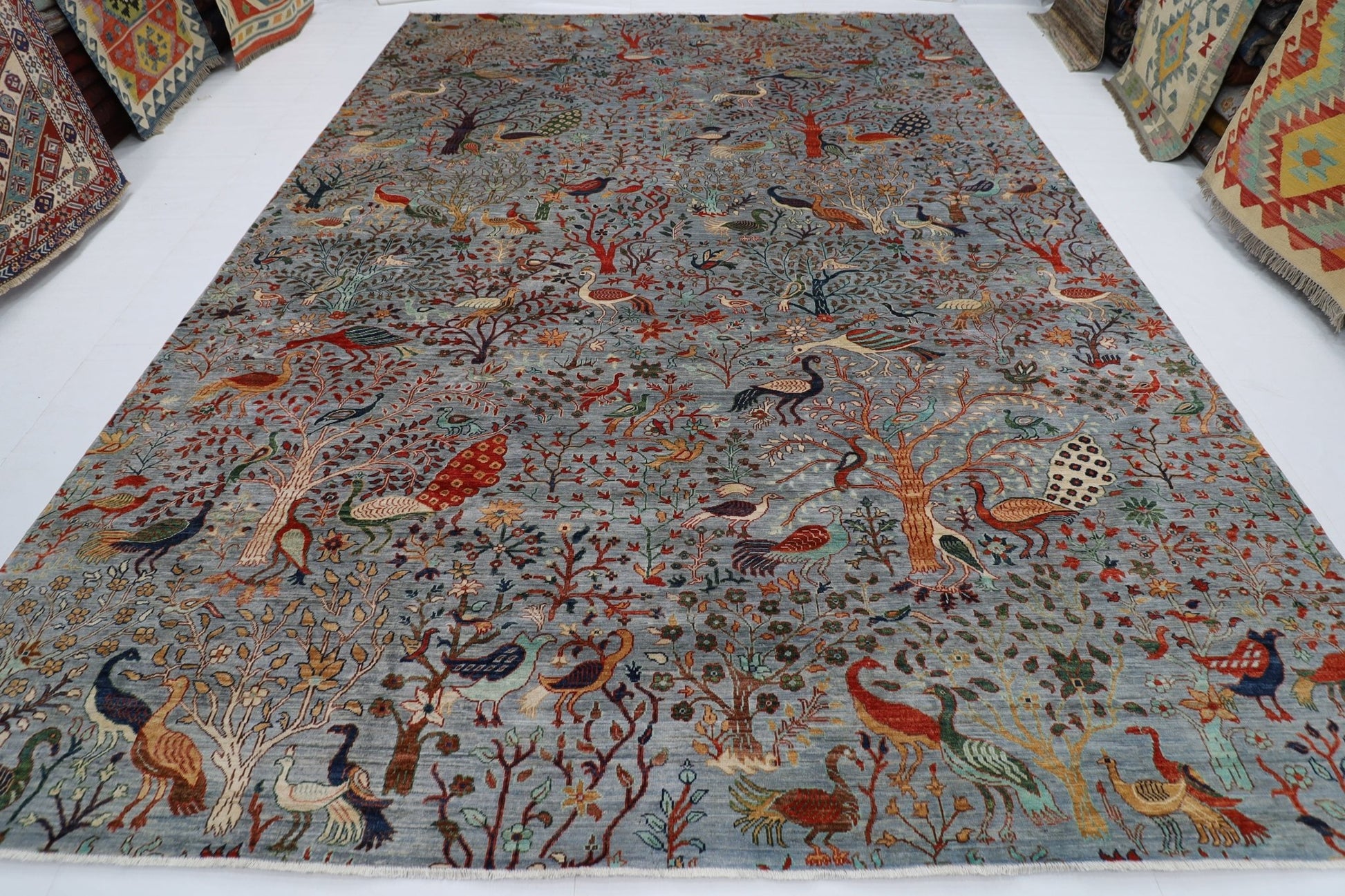307 x 420 cm | Birds Gray Large Area Rug Afghan Hand Knotted veg Dye Wool carpet - ART WOOL CARPET