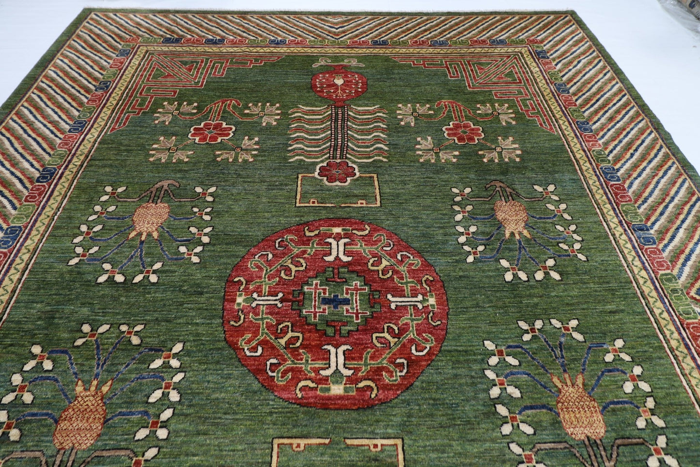 310 x 415 cm | Oriental Suzani Green Area Rug Afghan Hand Knotted Veg Dye Wool carpet - ART WOOL CARPET