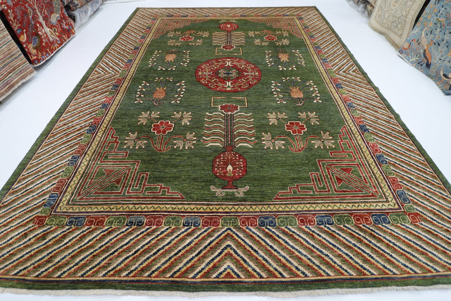 310 x 415 cm | Oriental Suzani Green Area Rug Afghan Hand Knotted Veg Dye Wool carpet - ART WOOL CARPET