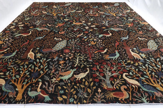 363 x 436 cm | Birds Black Afghan Tribal Hand Knotted Carpet