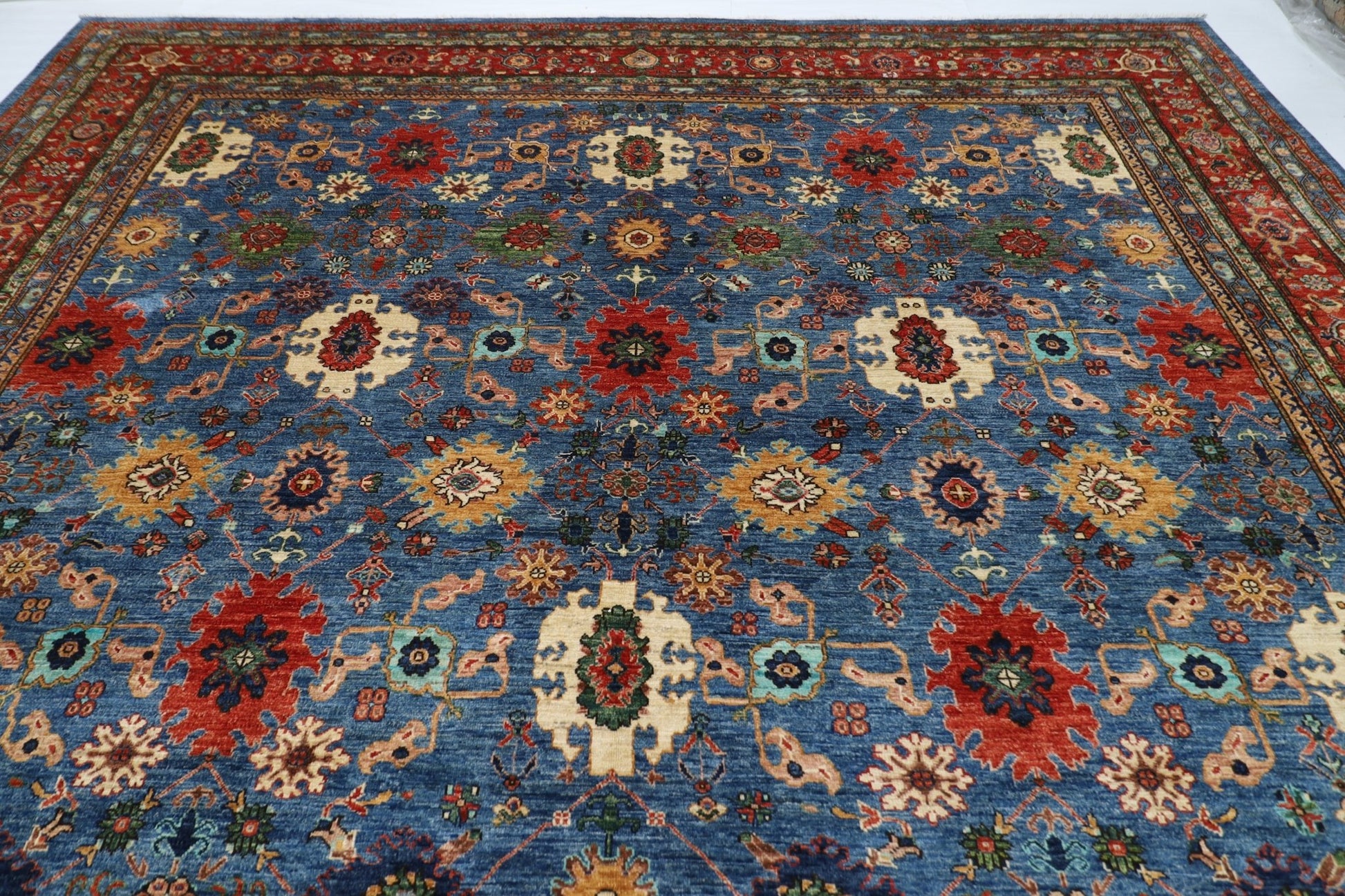 363 x 452 cm | Oriental Large Blue Area Rug Afghan Hand Knotted Veg Dye Wool carpet - ART WOOL CARPET