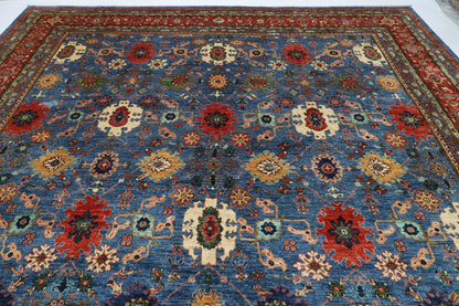 363 x 452 cm | Oriental Large Blue Area Rug Afghan Hand Knotted Veg Dye Wool carpet - ART WOOL CARPET