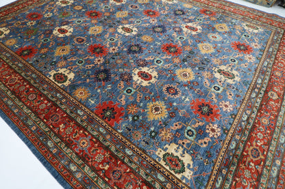 363 x 452 cm | Oriental Large Blue Area Rug Afghan Hand Knotted Veg Dye Wool carpet - ART WOOL CARPET