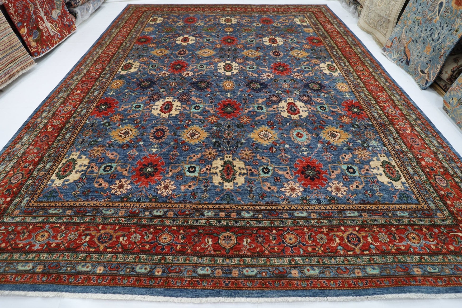 363 x 452 cm | Oriental Large Blue Area Rug Afghan Hand Knotted Veg Dye Wool carpet - ART WOOL CARPET