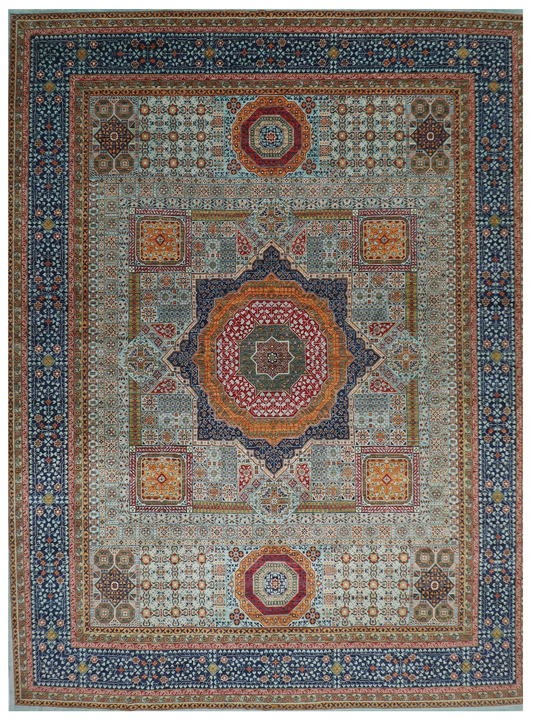 406 x 488 cm | Turquoise Mamluk Afghan Tribal Hand Knotted Natural Veg Dye Wool Carpet