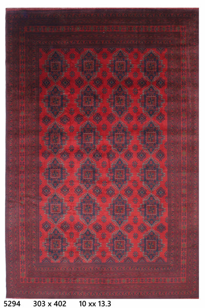 303 x 402 cm | Large Geometric Red Area Rug Afghan Hand Knotted Wool carpet