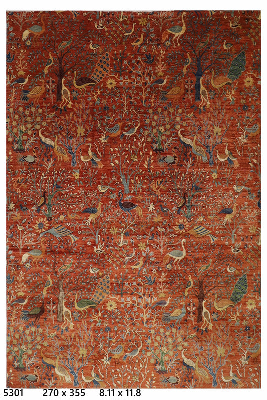270 x 355 cm | Birds Orange Area Rug Afghan Hand Knotted Veg Dye Wool carpet