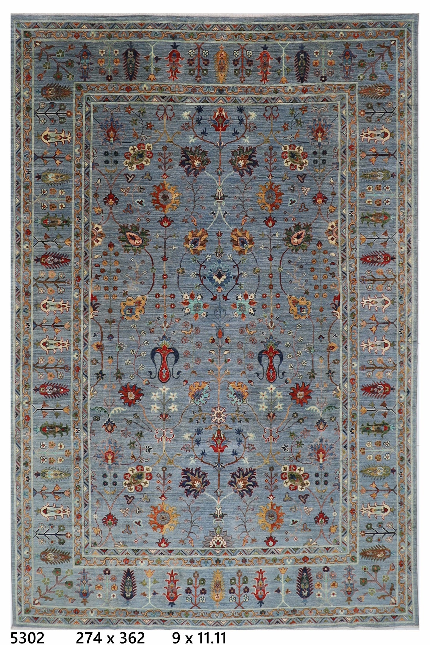 274 x 362 cm | Floral Gray Area Rug Afghan Hand Knotted Veg Dye Wool carpet