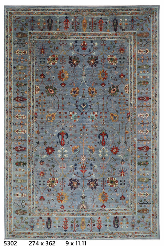 274 x 362 cm | Floral Gray Area Rug Afghan Hand Knotted Veg Dye Wool carpet