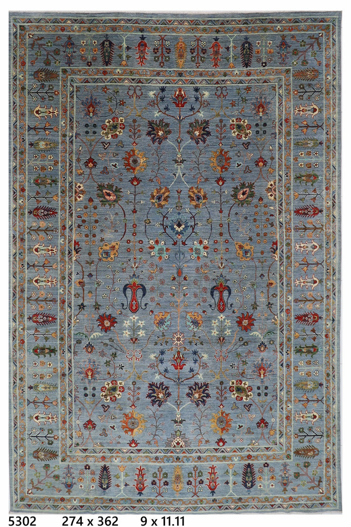 274 x 362 cm | Floral Gray Area Rug Afghan Hand Knotted Veg Dye Wool carpet