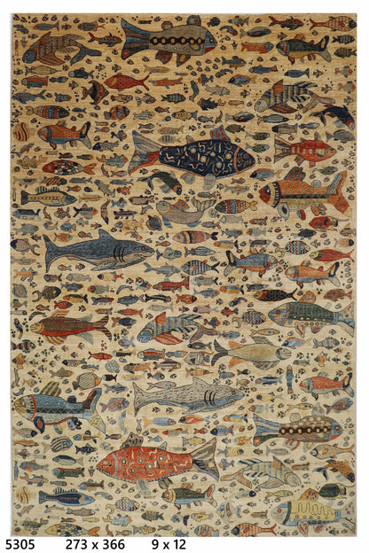 273 x 366 cm | Oriental Fish Beige Area Rug Afghan Hand Knotted Veg Dye Wool carpet