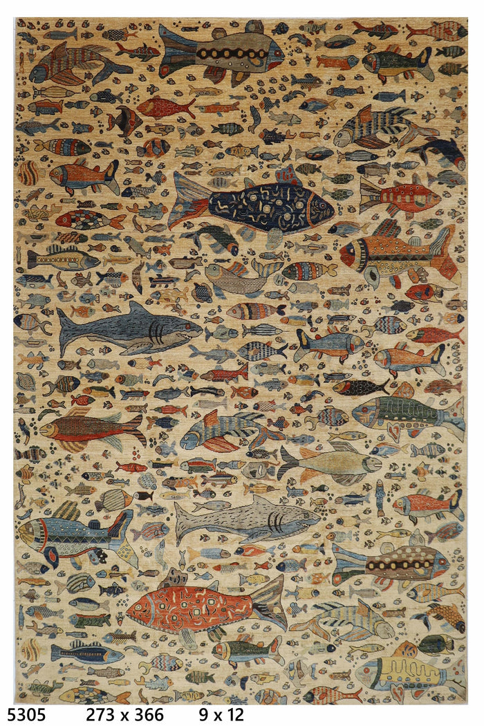 273 x 366 cm | Oriental Fish Beige Area Rug Afghan Hand Knotted Veg Dye Wool carpet